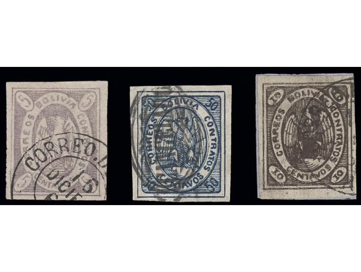5 c. violet, 10 c. brown and 50 c. blue, all with wide margins, 5 c. and 10 c. with cds. of La Paz, both sign. Bloch, 50 c. w