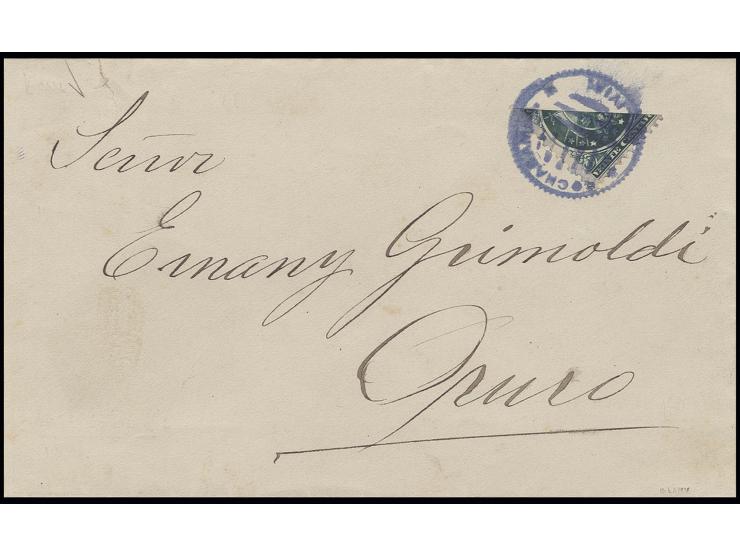 1890,20 c. dark-green, bisect, lower left half, tied by blue handstamp of Cochabamba to cover to Opuro, fine