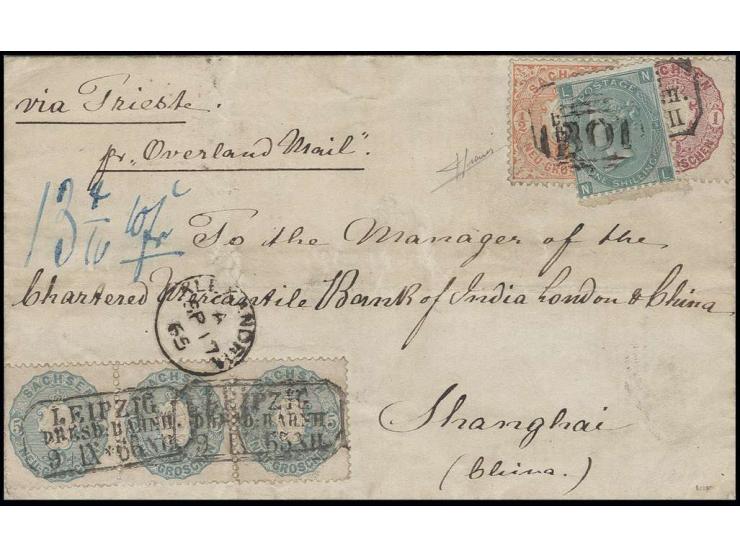 CHINA: Wappen 5 Neugroschen graublau im ursprünglichen 3er-Streifen mit ½ Neugroschen orange und 1 Neugroschen karmin mit Ra3