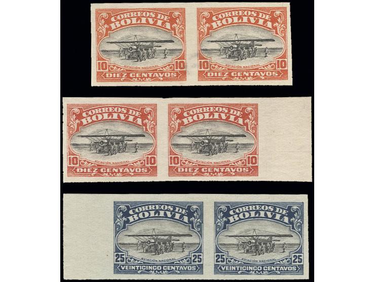 10 c. in 2 different shades of orange and 25 c., all imperforated in horizontal pairs, ungummed