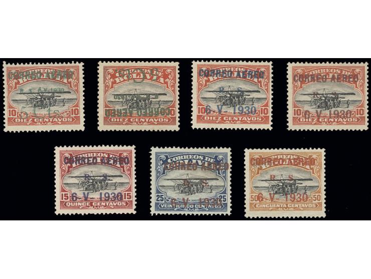 1930, airmail overprint issue 5 c. on 10 c.-50 c., incl. 5 c. on 10 c. with overprint inverted, 10 c. with overprint in brown