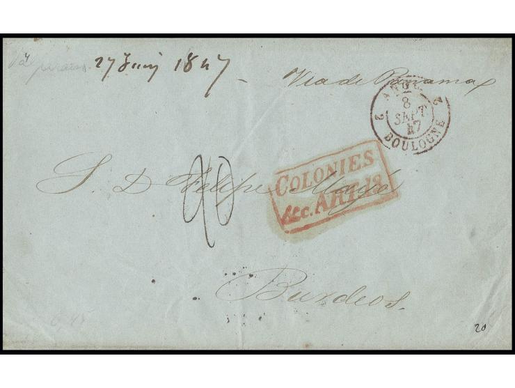 1847, entire letter from "VALPARAISO JU 28 1847" with manuscript "Via de Panama" to France with red boxed "COLONIES & ART.13"