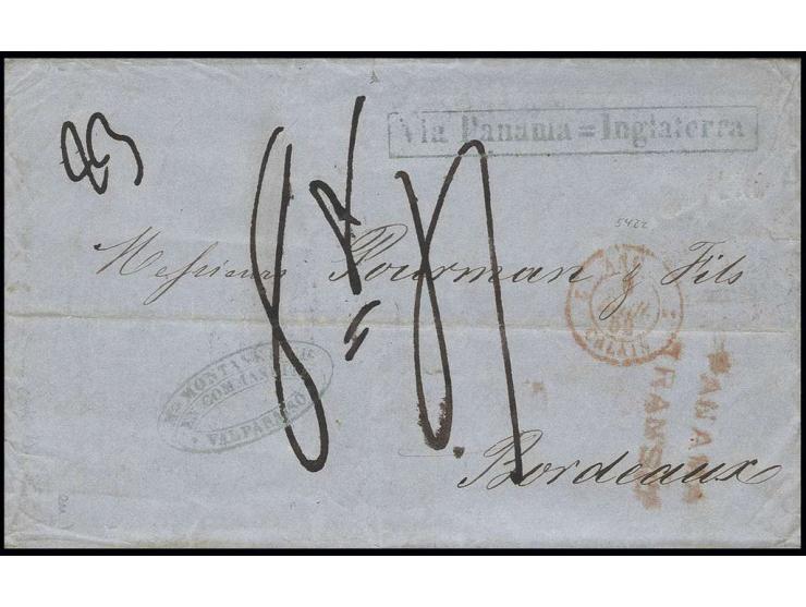 1851, entire letter from "VALPARAISO JA 26 1851" with green boxed "Via Panama = Inglaterra" and red "PANAMA TRANSIT" to Franc