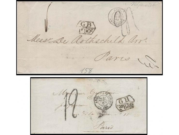 1864/66, 2 entire letters from Valparaiso to Paris with accountancy marks "GB 1F90C" and "GB 2F87 5/10C"