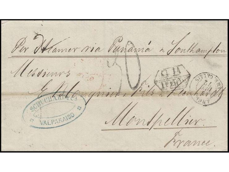 1872, entire letter from Valparaiso with backside "VALPARAISO UNPAID NO. 2 72" via Panama and London to France with accountan
