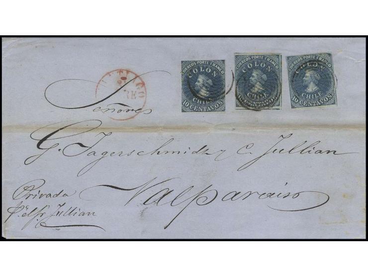 1854, Desmadryl 10 c. blue, 3 copies including one with extremely large margins, tied to lettersheet from "SANTIAGO 21 OBRE" 