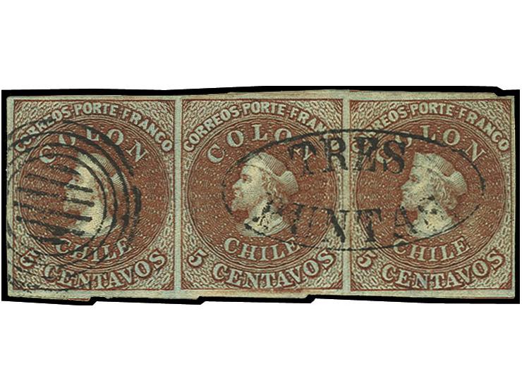1855, 2nd London printing: 5 c. brown-red on blued paper, horizontal strip of three with normal to good margins all around, v