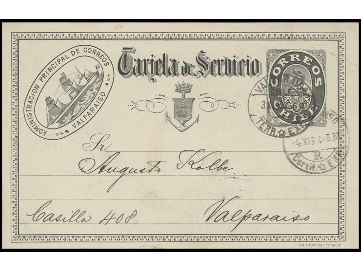 POSTAL STATIONARY: postcard with ship and imprint on creme, used within Valparaiso 1904 (Selchi 33)