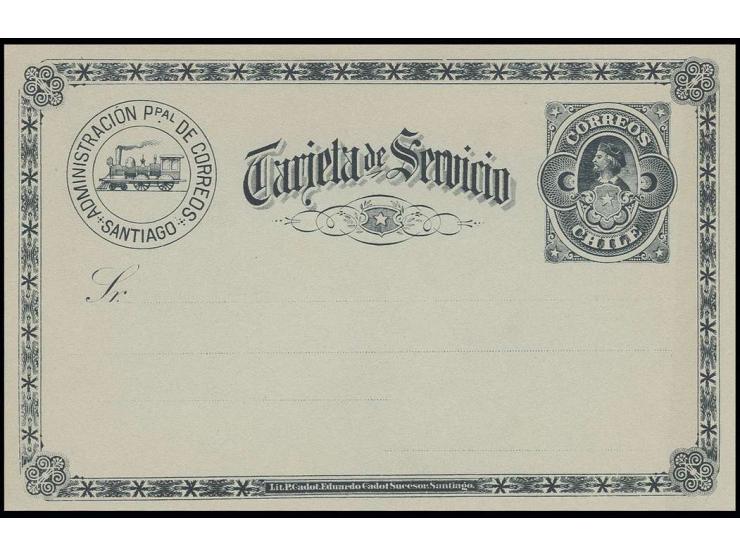 1892, service postcards with train on rose, blue-green and pale-green, unused, rose little stained, scarce (Selchi 7, 9, 10)