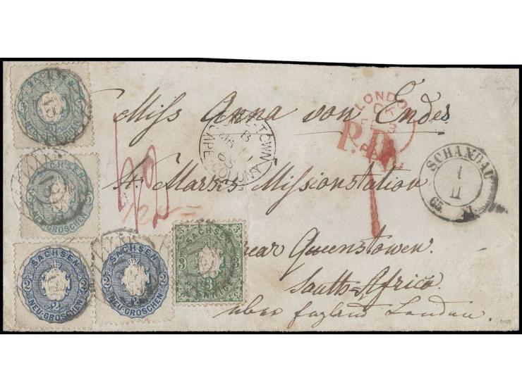 KAP DER GUTEN HOFFNUNG: Wappen 5 Neugroschen graublau und 2 Neugroschen blau, je 2 Einzelwerte zusammen mit 3 Pfennig grün mi