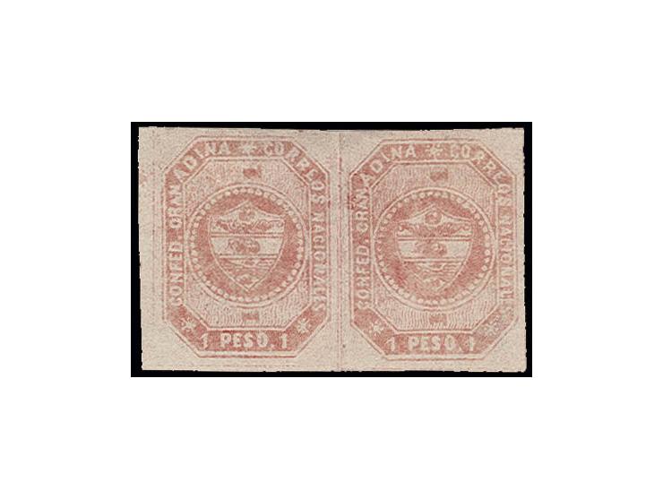 1859, 1 p. carmine in horizontal pair with large margins, unused o.g., folded between the stamps, fine, signed Holcombe