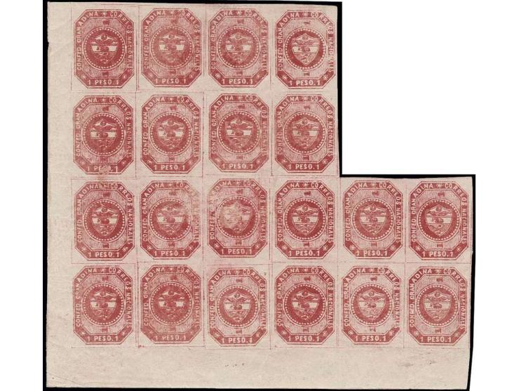 1 p. carmine, irregular block of 20 from the lower left sheet corner, brilliant colour and good to wide margins, unused o.g.,