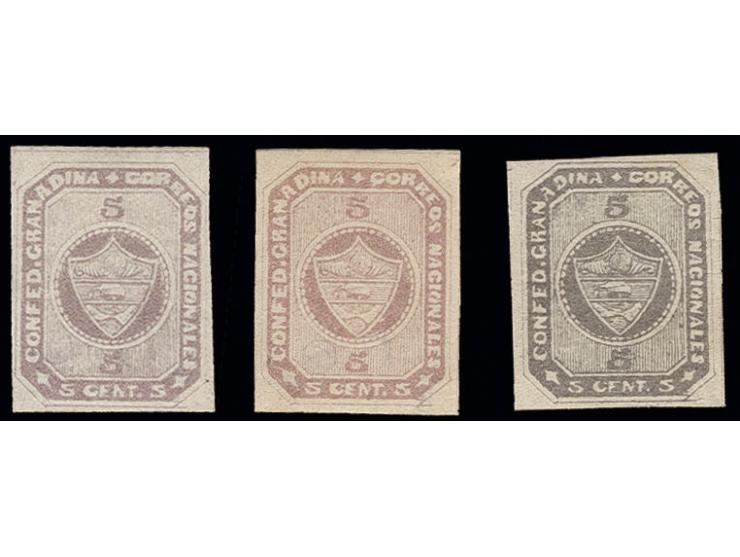 1860, 5 c. lilac on horizontally laid paper and  2 copies on wove paper in distinctive shades, unused, fine