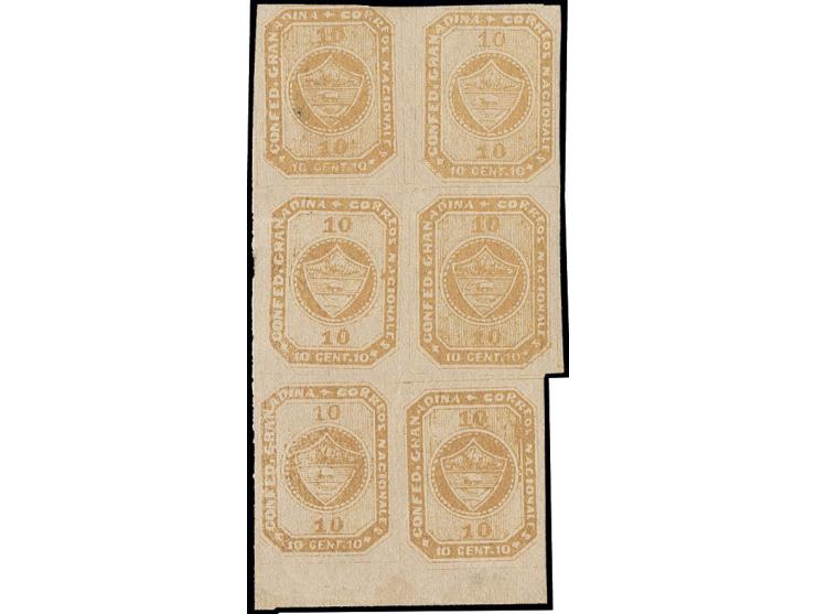 10 c. yellow-buff in vertical block of 6 with good to wide margins and fresh colour, unused o.g., at central left small mark 