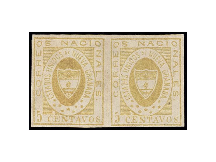 1861, NUEVA GRANADA 5 c. yellow in horizontal pair with good to wide margins, unused, large part o.g., fine and scarce
