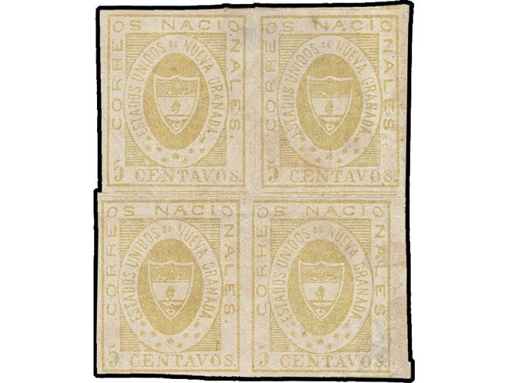 5 c. yellow in block of 4, pos. 26-27/35-36, large margins and fresh colour, unused o.g., some creasing, but a very rare mult