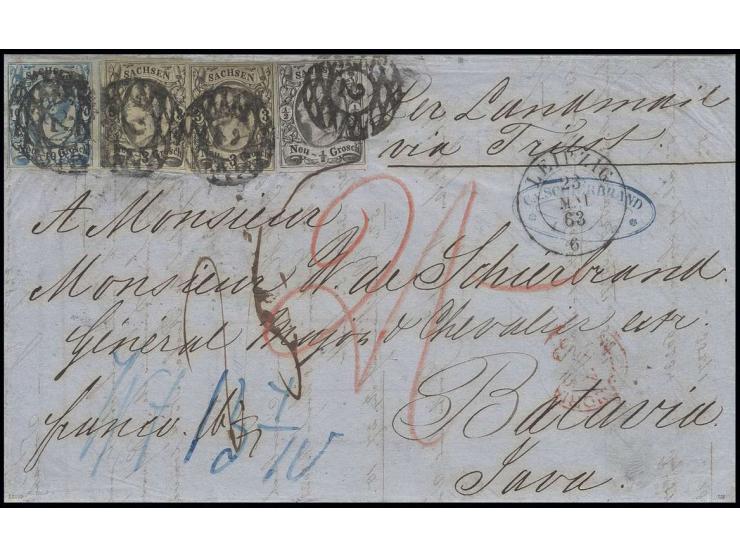NIEDERLÄNDISCH INDIEN: Johann 10 Neugroschen blau mit ½ Neugroschen auf grau und 2 Einzelwerten 3 Neugroschen auf gelb, die 1