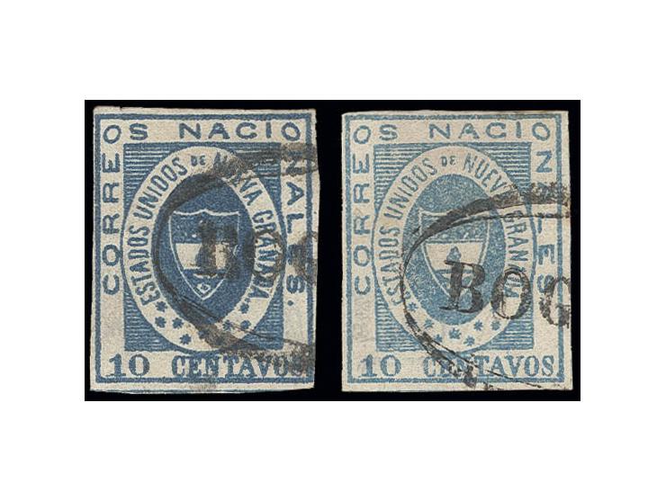 10 c. pale-blue and dark-blue, 2 copies with good margins, each cancelled by oval "BOGOTA", fine, signed Holcombe