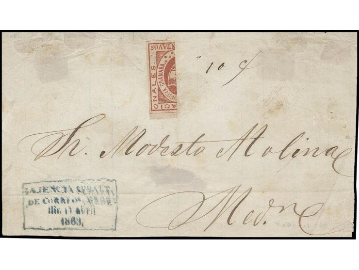 1861, Nueva Granada 20 c. red, vertical bisect used on cover front with adjacent blue boxed "AJENCIA SUBALT./DE CORREOS MEDE/
