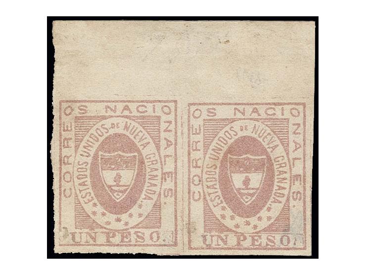 1 p. pink in horizontal pair with large margins all around, at top 14 mm sheet margin, unused with large parts o.g., a fine a