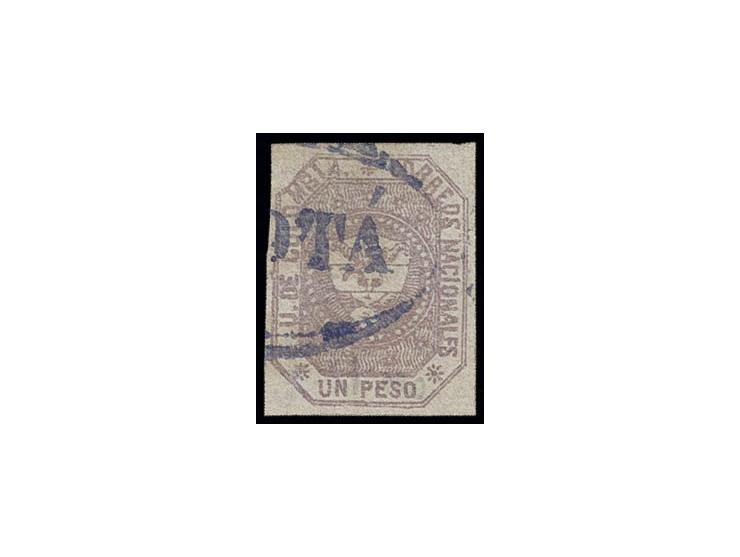 1862, 1 p. lilac on bluish paper with good margins all around, neatly cancelled by blue "BOGOTA", faint horizontal crease, ot