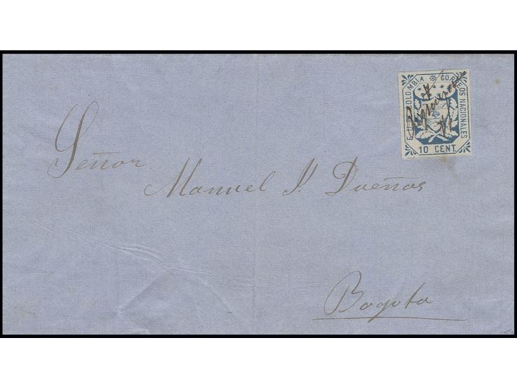 1864, 10 c. blue, good margins, used with manuscript "Popayan" to entire letter to Bogota, very fine