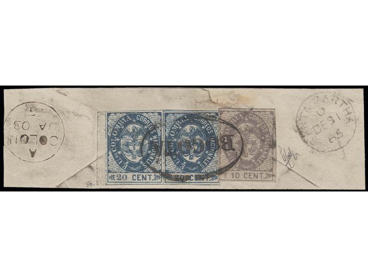 1865, 10 c. violet and horizontal pair 20 c. blue from the left sheet margin, used with clear oval "BOGOTA" on piece with adj