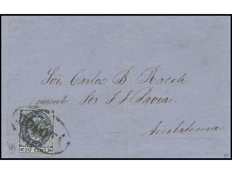 20 c. blue with full to wide margins, tied by oval "BOGOTA" to lettersheet to Ambalema, fine, signed Holcombe