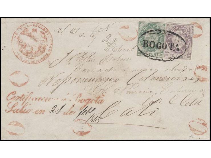 50 c. green with large figures together with 10 c. violet, tied by oval "BOGOTA" to registered envelope with adjacent red "Ce