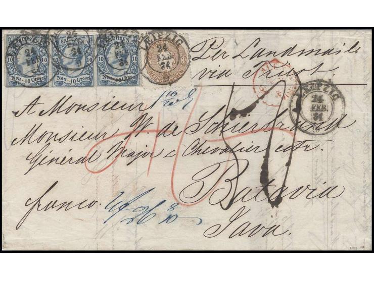 10 Neugroschen blau, 3 Einzelwerte zusammen mit Wappen 3 Neugroschen braun mit DKr. "LEIPZIG 24 FEB. 64" auf Faltbrief der 2.