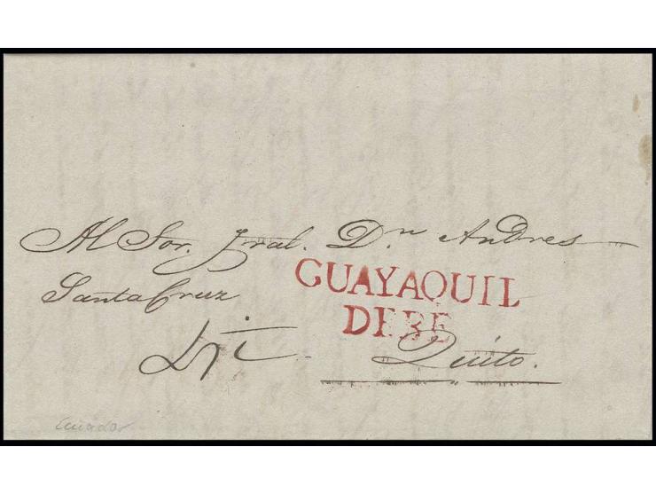 1840, "GUAYAQUIL DEBE", red double line, very clear on entire letter to Quito