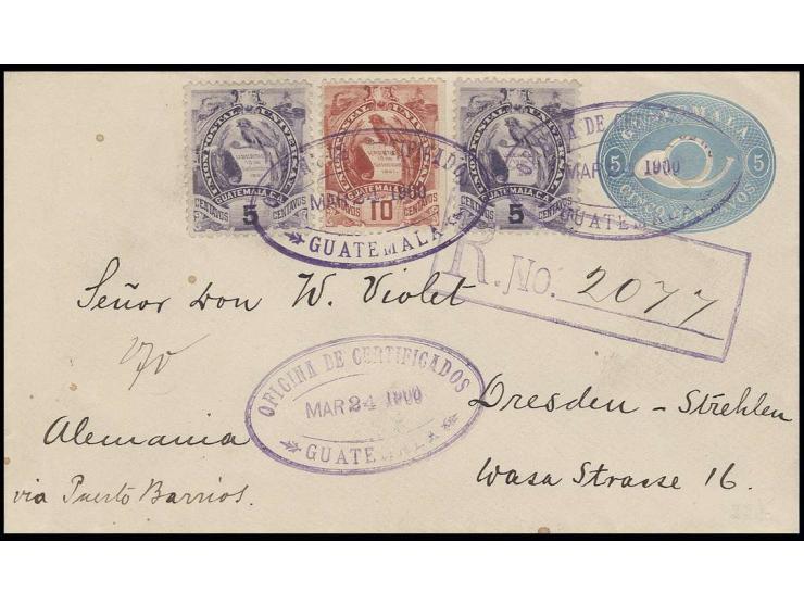 1887, Quetzal 5 c. violet (2) and 10 c. red, tied by oval "OFICINA DE CERTIFICADOS GUATEMALA MAR 24 1900" to envelope 5 c. bl