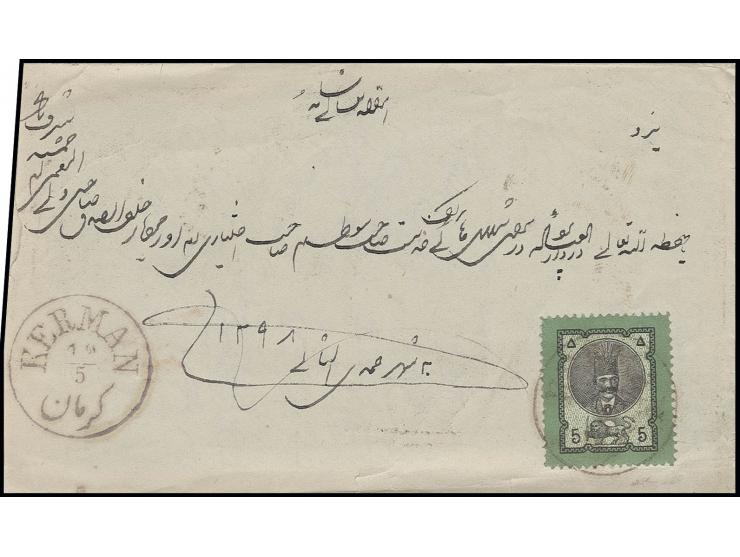 5 ch. green/black, tied by cds. "KERMAN 19/5" to cover to Yezd with additional strike alongside, original letter enclosed