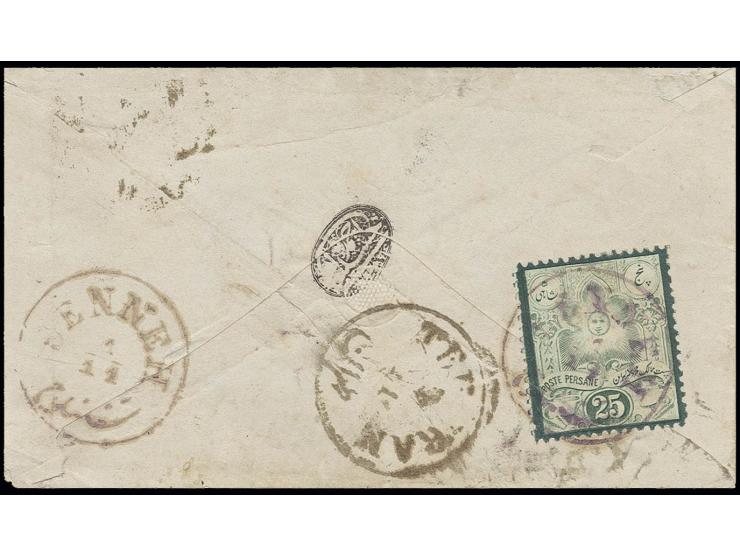 25 c. green, tied by violet "SENNEH 1/11" to reverse of small cover to Teheran, fine