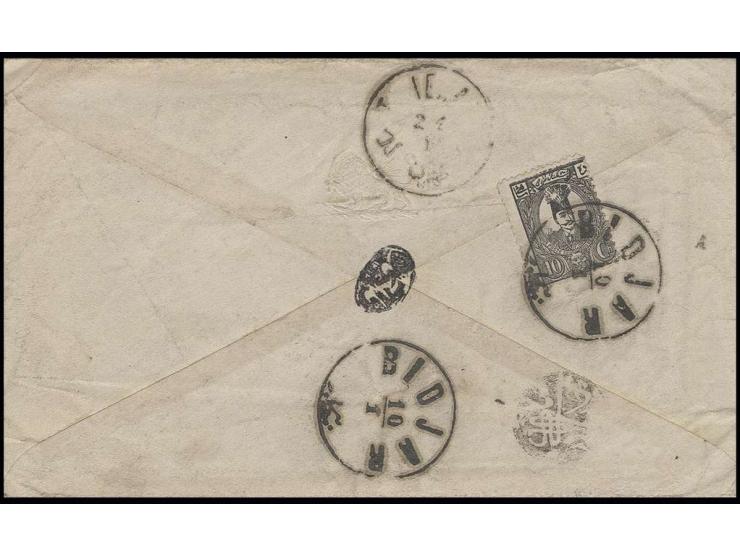 1889, 10 ch. black tied by cds. "BIDJAR 10/1" to reverse of cover to Teheran