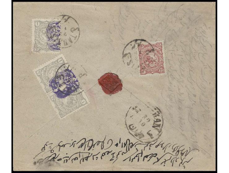 1899, violet handstamp on pair 1 ch. grey with single stamp (damaged) and lion 12 ch. red, tied to reverse of cover from Taur