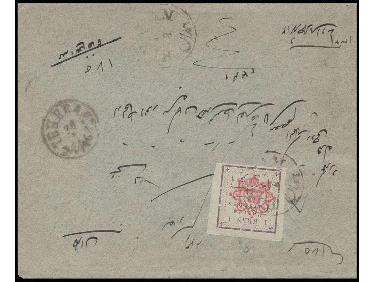 1902, provisional issue 1 KRAN, tied to front of registered letter from Hamadan to Teheran with register label on reverse, ti