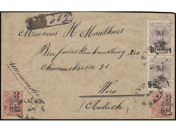 1904, 3 Chahis on 5 ch. and 9 Chahis on 1 kr., 2 copies each, tied by oval Teheran cancels to registered envelope with adjace