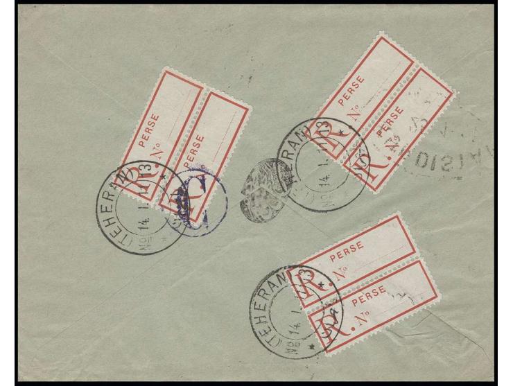 register label, 3 pairs, tied by cds. "TEHERAN 14.1.11" and one with additional control handstamp "C" to reverse of cover to 