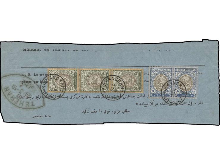 20 kr. in vertical strip of 3 with horizontal pair 4 kr. tied by Kirmanchah cds. to Barnameh