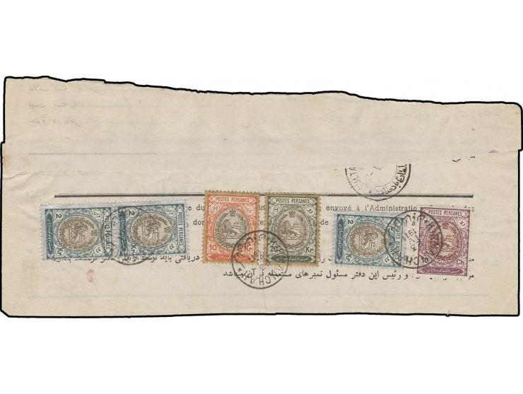 20 kr., 10 kr., 3 copies 2 kr. and 10 ch., tied by cds. of "KIRMANCHAH" to Opium Barnameh
