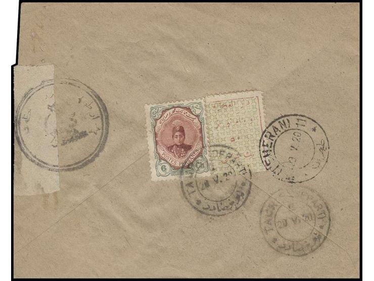 1911, Ahmed Shah 6 ch. green/redbrown and Tauris famine relief 1 ch. with error "narrow frame", tied to reverse of censored c