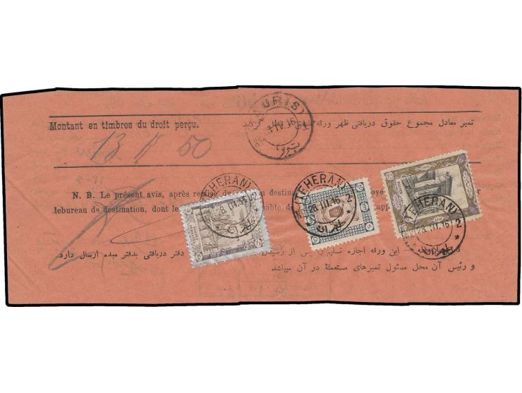 1915, coronation 1 t. with 10 ch. and 3 kr., tied by Teheran cds. to Barnameh