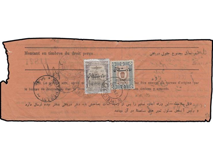 PARCEL STAMPS: 1915, coronation 10 ch. and 3 kr. tied by cds. "RECHT 17.VI.15" to Barnameh