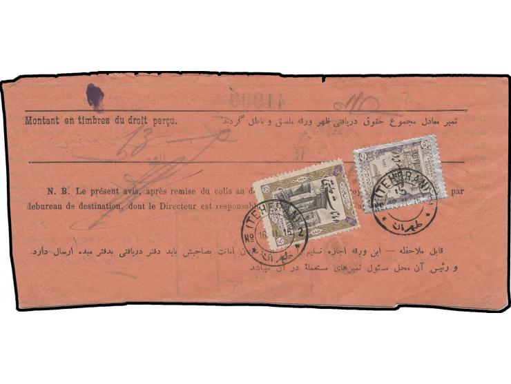 3 kr. and 1t. tied by cds. "TEHERAN 16.II.16" to Barnameh