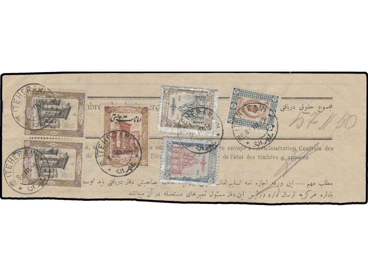 3 t. with stamps without overprint 1 t. (2), 5 kr., 2 kr. and 10 ch., tied by cds. "TEHERAN 8-III-16" to Barnameh, crease thr