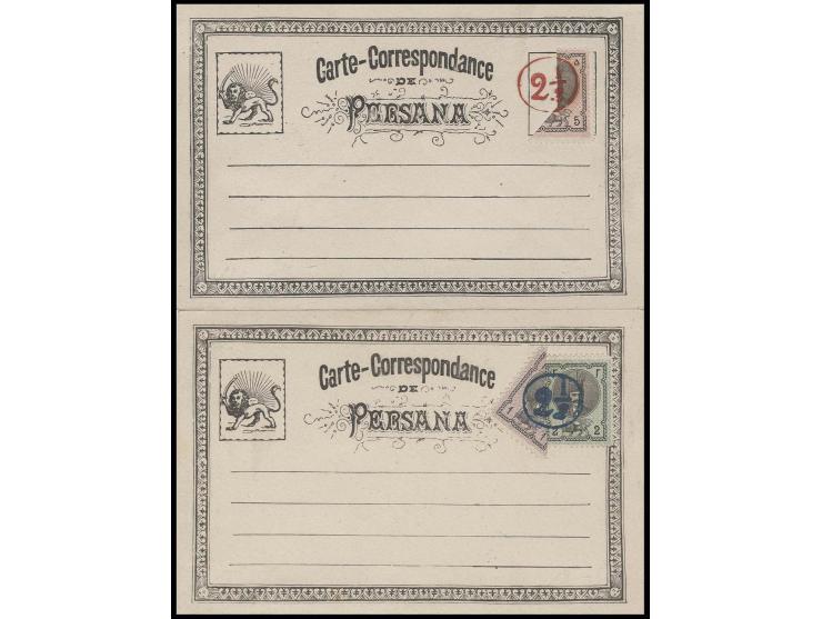 POSTAL STATIONARY: 1878, "2½" in red on bisect 5 c. and "2½" in blue on bisect 1 ch. and cpl copy 2 ch., each on postcard for