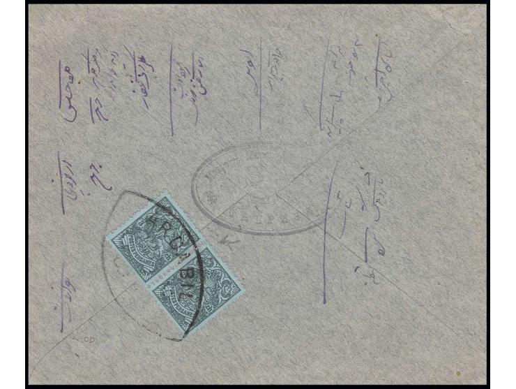 CANCELLATIONS: "ARDABIL", shield cancel on horizontal pair lion 3 ch. green on bluish on reverse of cover to Tauris