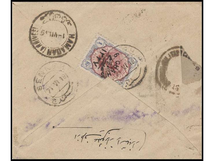 "CENSOR KURDISTAN", small negative seal clear on front of cover to Senneh, franked on reverse with Ahmed Shah 6 Chahis on 1 k