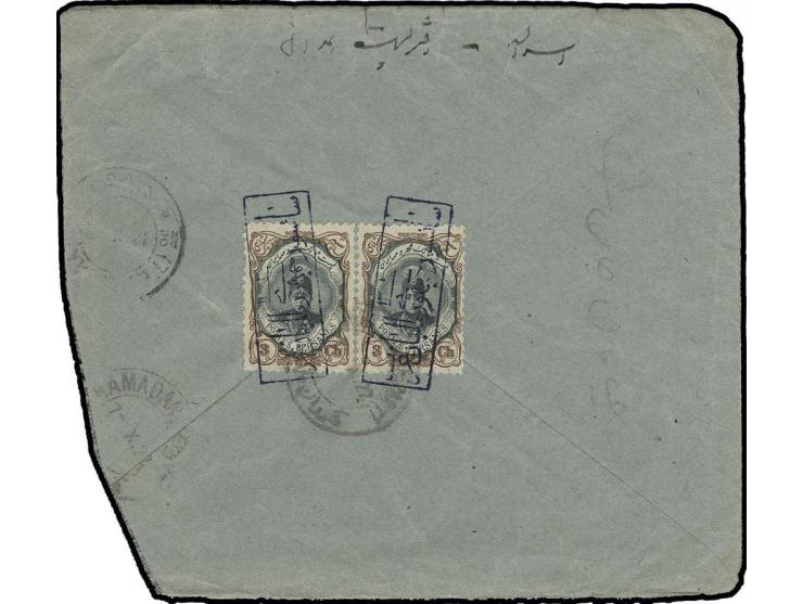 "CENSOR OF THE WESTERN REPULICANS", 2 strikes in blue on Ahmed Schah 3 ch. in horizontal pair,  tied to reverse of cover 1911